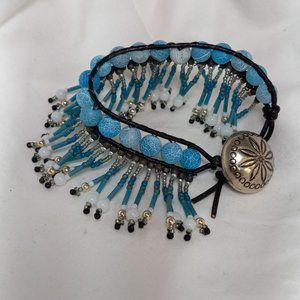 Woven Bracelet w/Ice Blue Striped Agate, Fringe and Silver Button